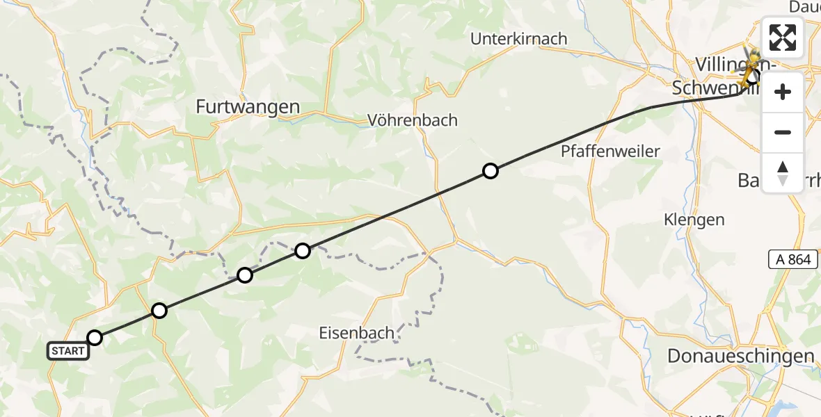 Flugroute Ambulanzhubschrauber St. Märgen - DRF Air Rescue Station Villingen-Schwenningen Hubschrauberlandeplatz (Christoph 11), 14 August 2026, 16:56