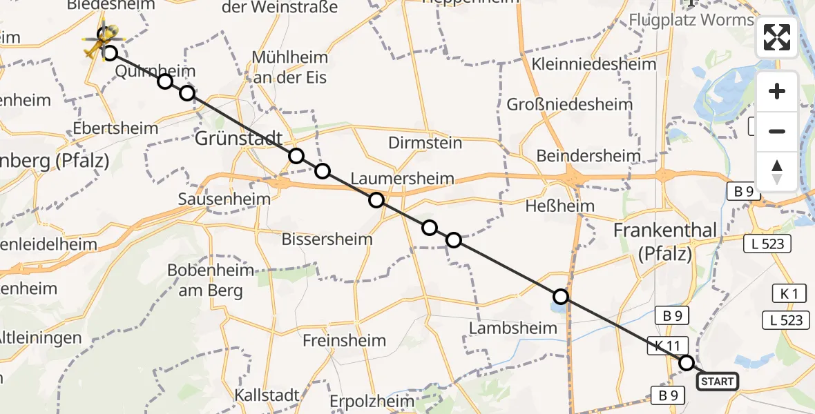 Flugroute Rettungshubschrauber Ludwigshafen am Rhein - Lautersheim, 14 August 2026, 17:01