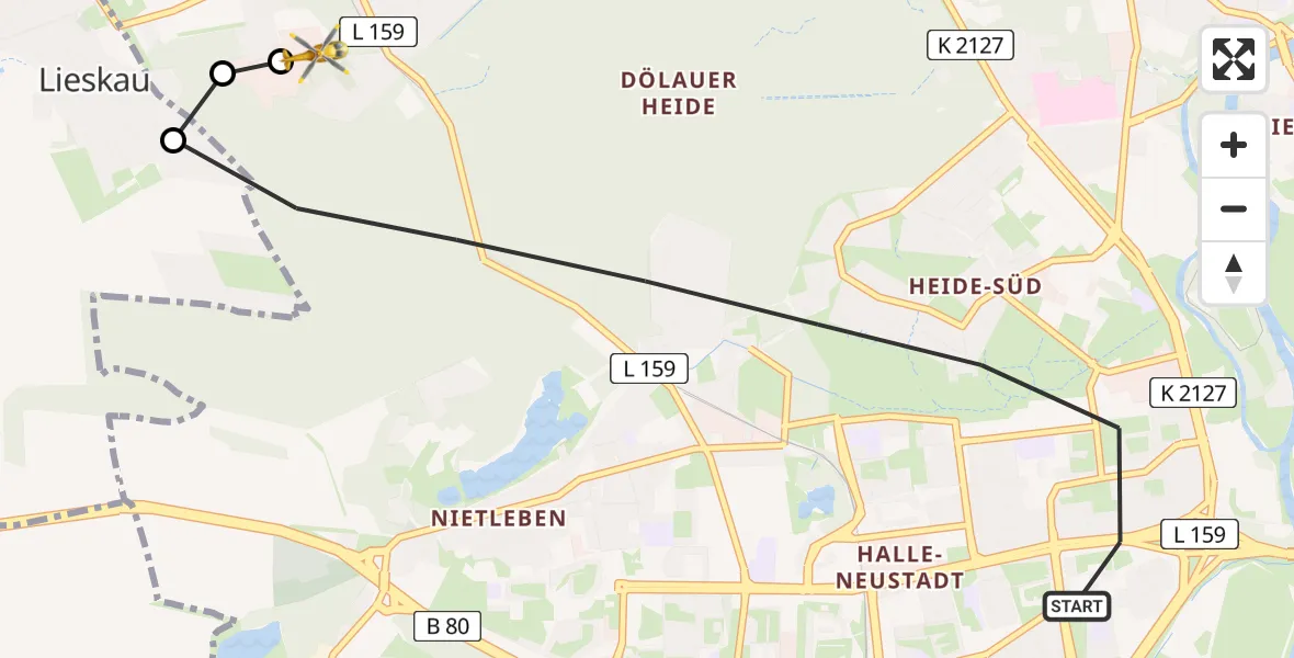 Flugroute Rettungshubschrauber Halle (Saale) - Martha-Maria Halle-Dölau Hospital, 14 August 2026, 17:06