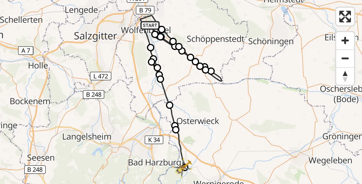 Flugroute Rettungshubschrauber Wolfenbüttel - Ilsenburg (Harz), 14 August 2026, 17:13