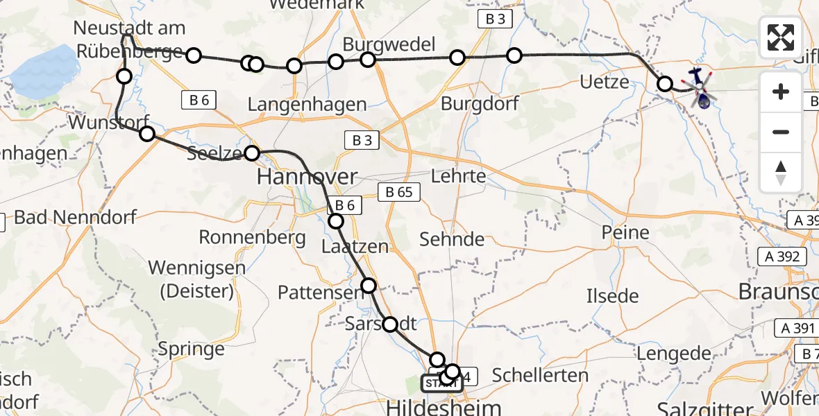 Flugroute Polizeihubschrauber Hildesheim Flugplatz - Meinersen, 14 August 2026, 17:14