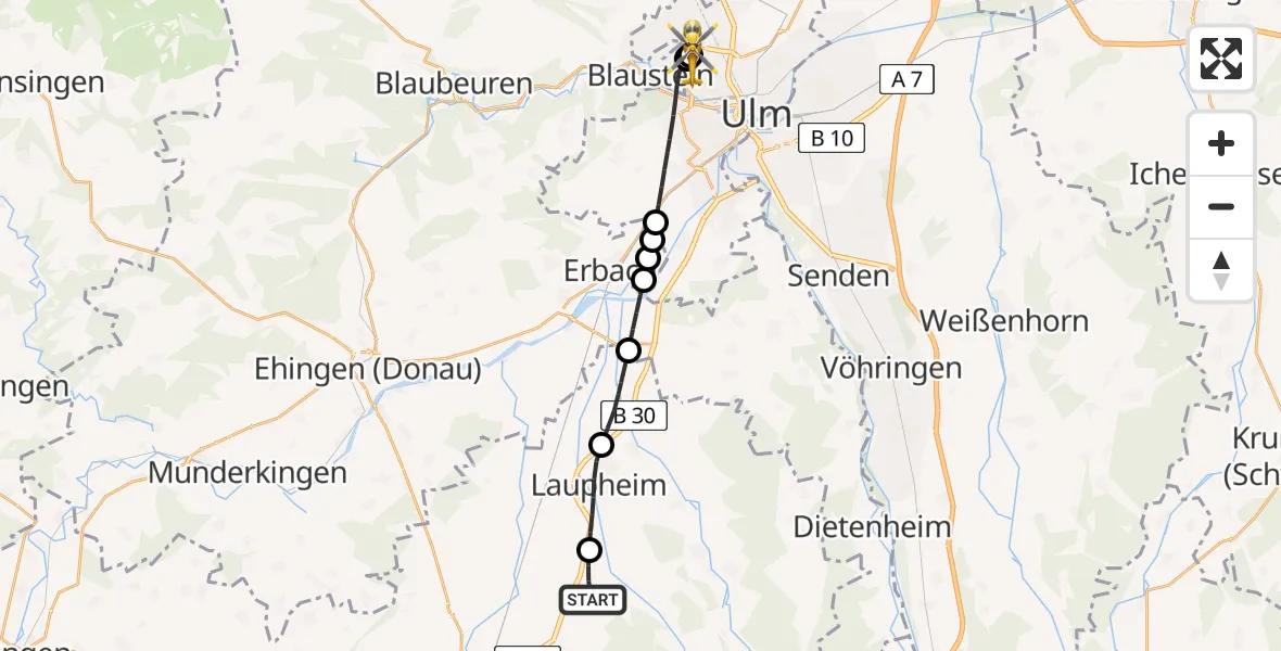 Flugroute Rettungshubschrauber Mietingen - Ulm Military Hospital Emergency, 14 August 2026, 17:20