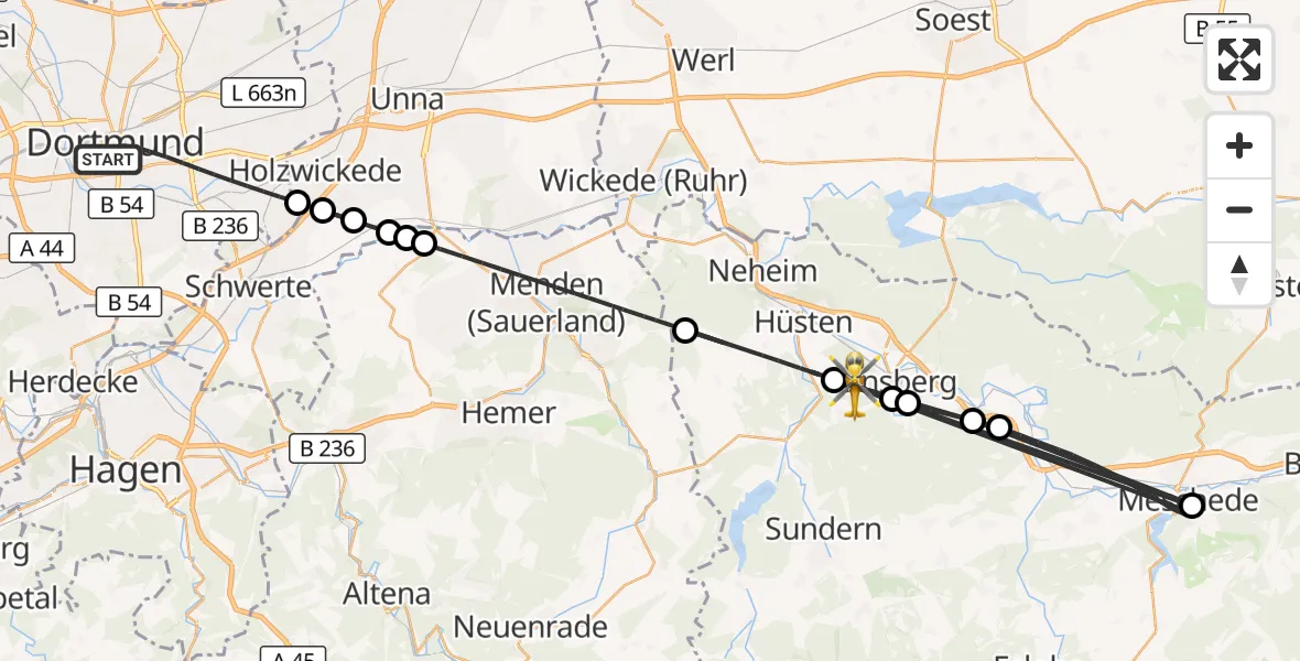 Flugroute Rettungshubschrauber Dortmund - Arnsberg, 14 August 2026, 17:20