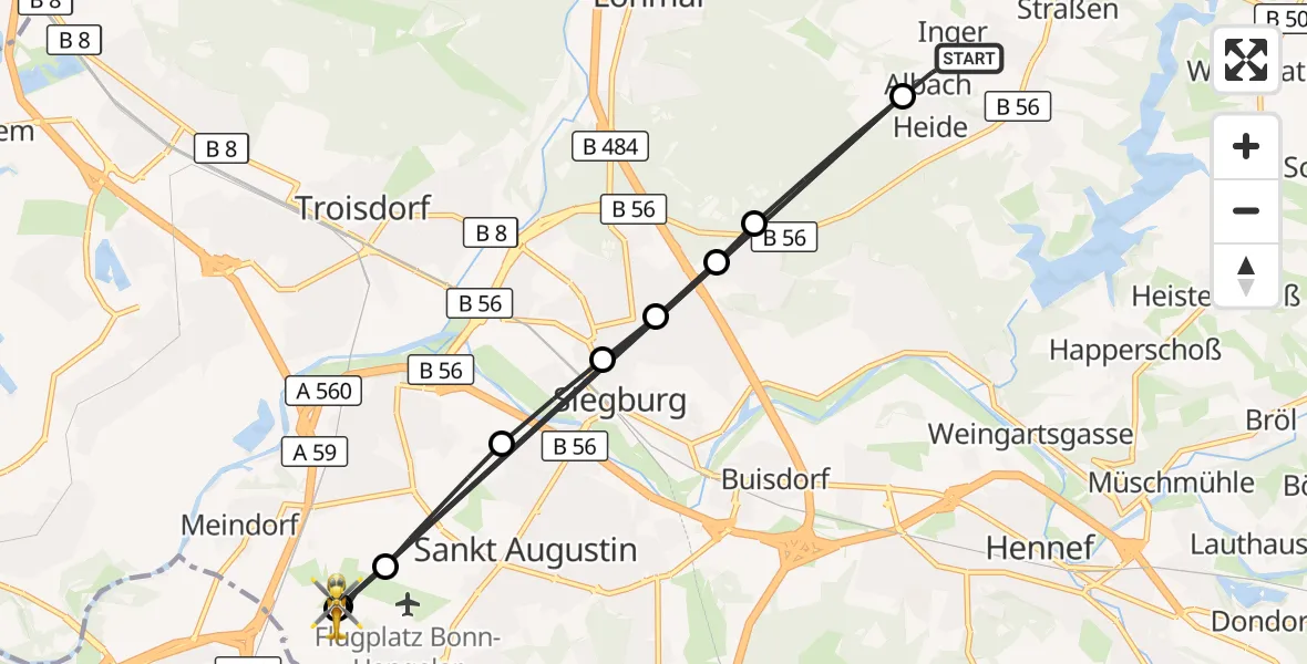 Flugroute Rettungshubschrauber Lohmar - Sankt Augustin, 14 August 2026, 17:23
