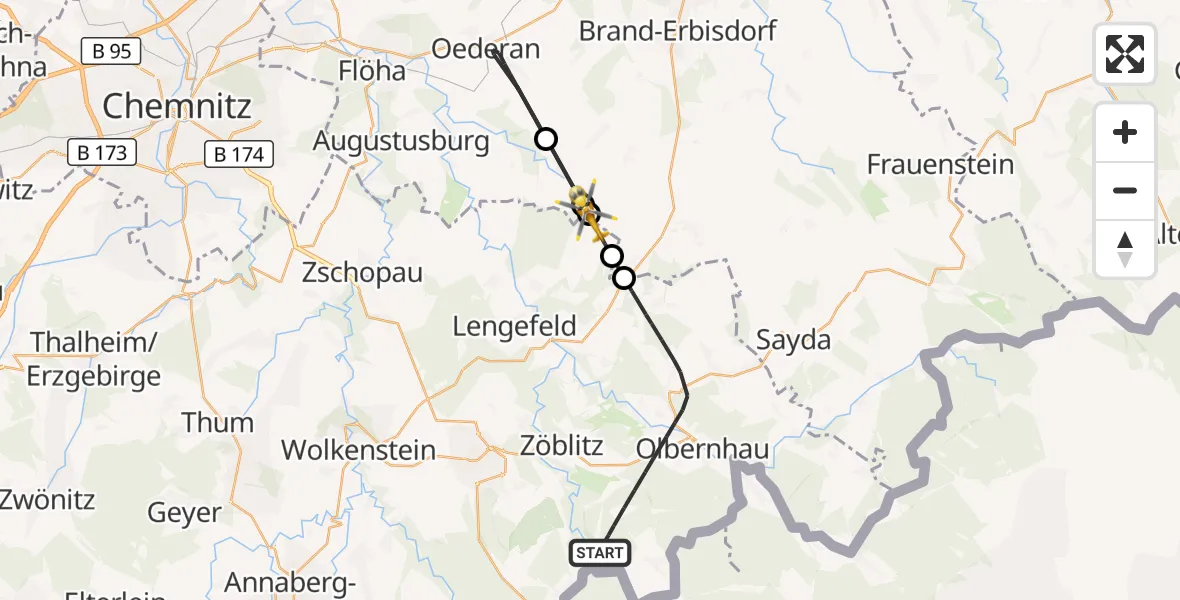 Flugroute Rettungshubschrauber Olbernhau - Eppendorf, 14 August 2026, 17:27