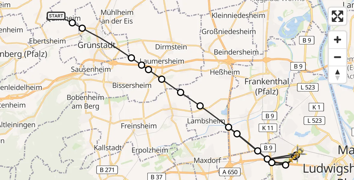 Flugroute Rettungshubschrauber Quirnheim - Ludwigshafen Accident Hospital, 14 August 2026, 17:28