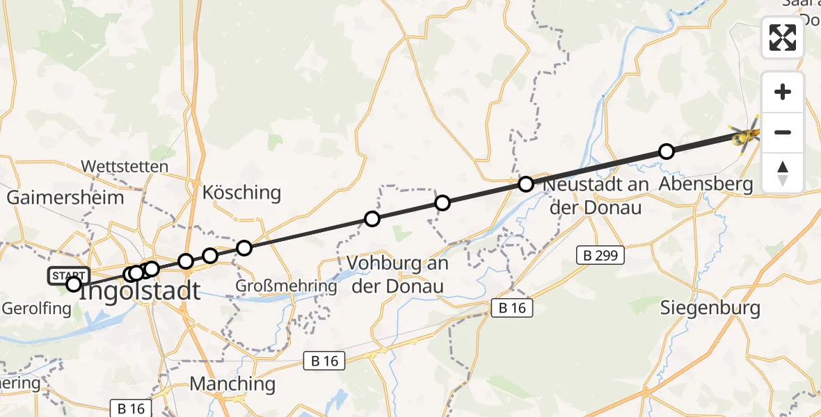 Flugroute Rettungshubschrauber Ingolstadt Hospital - Abensberg, 14 August 2026, 17:33