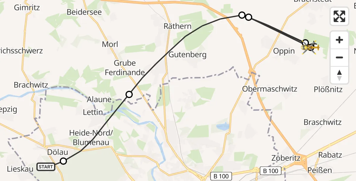 Flugroute Rettungshubschrauber Martha-Maria Halle-Dölau Hospital - Halle-Oppin Flugplatz, 14 August 2026, 17:37
