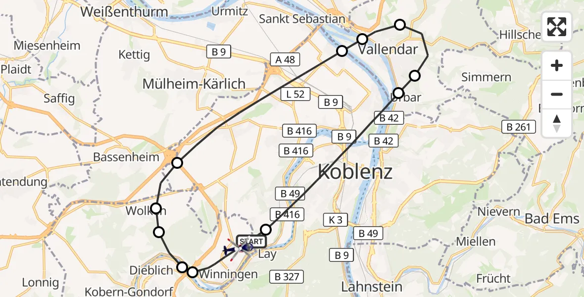 Flugroute Polizeihubschrauber Koblenz-Winningen Flugplatz - Koblenz-Winningen Flugplatz, 14 August 2026, 17:43