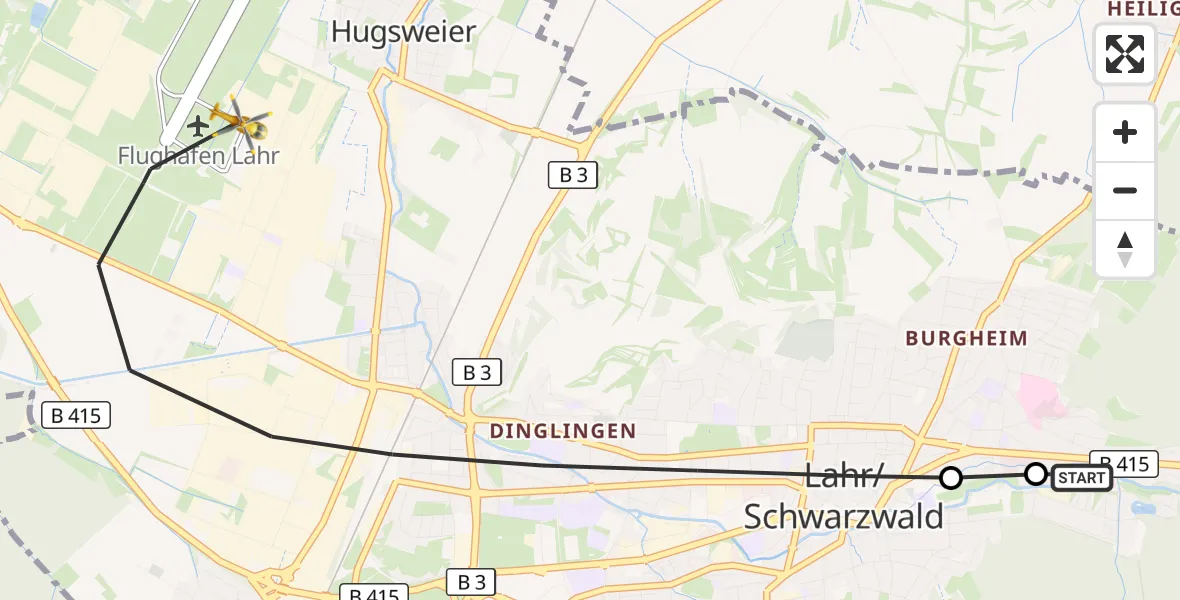 Flugroute Ambulanzhubschrauber Ortenau Hospital Lahr-Ettenheim - Lahr Flughafen, 14 August 2026, 17:48
