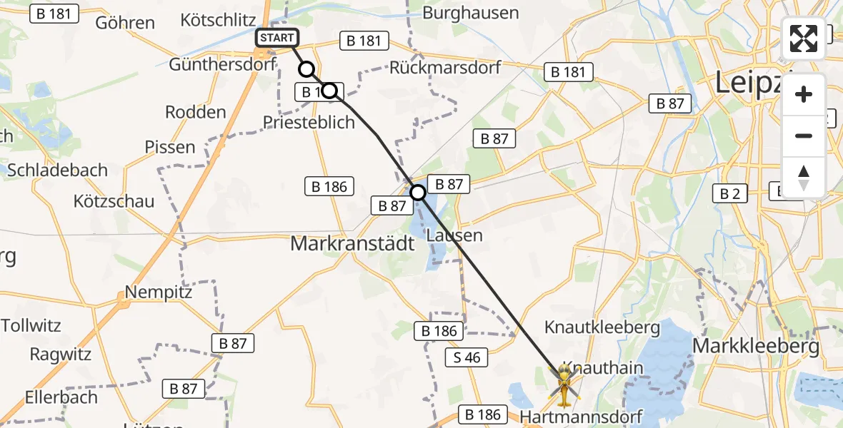 Flugroute Rettungshubschrauber ADAC Air Rescue Station Leipzig/Schkeuditz-Dölzig Hubschrauberlandeplatz (Christoph 61) - Leipzig, 14 August 2026, 17:55