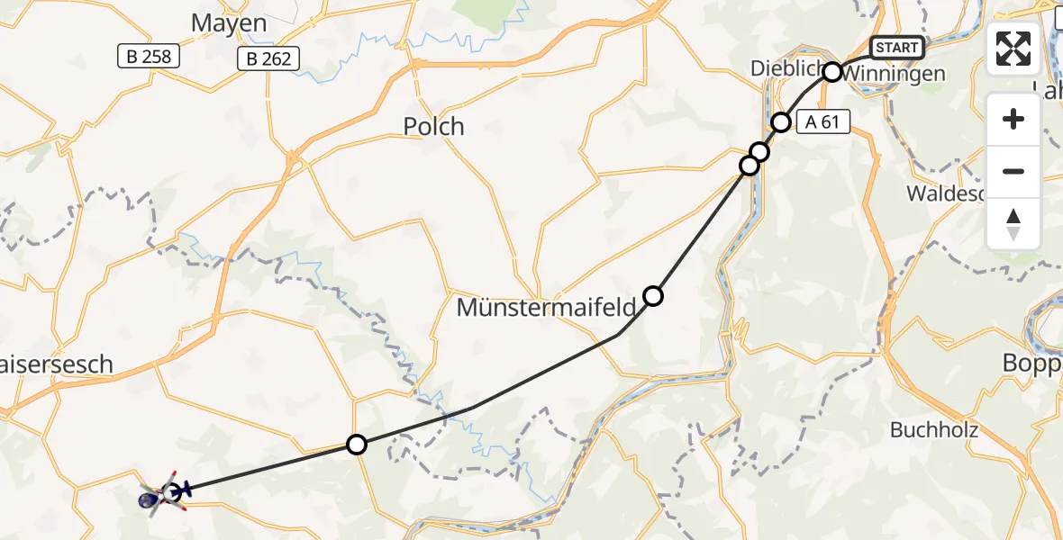 Flugroute Polizeihubschrauber Winningen - Illerich, 14 August 2026, 17:59