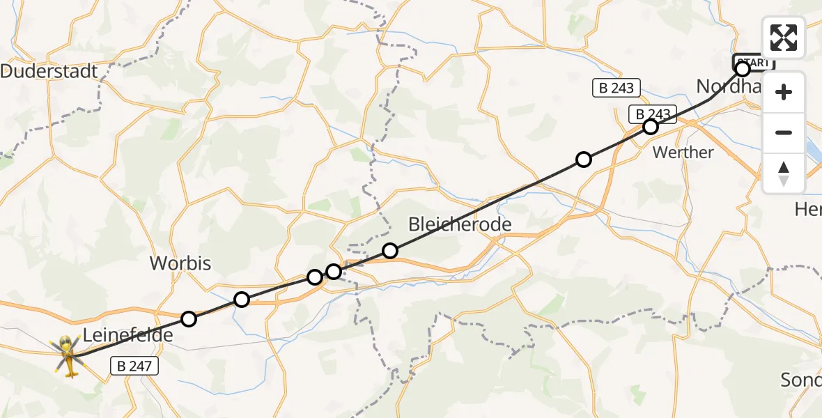 Flugroute Rettungshubschrauber Südharz Hospital Nordhausen - Leinefelde-Worbis, 14 August 2026, 17:59