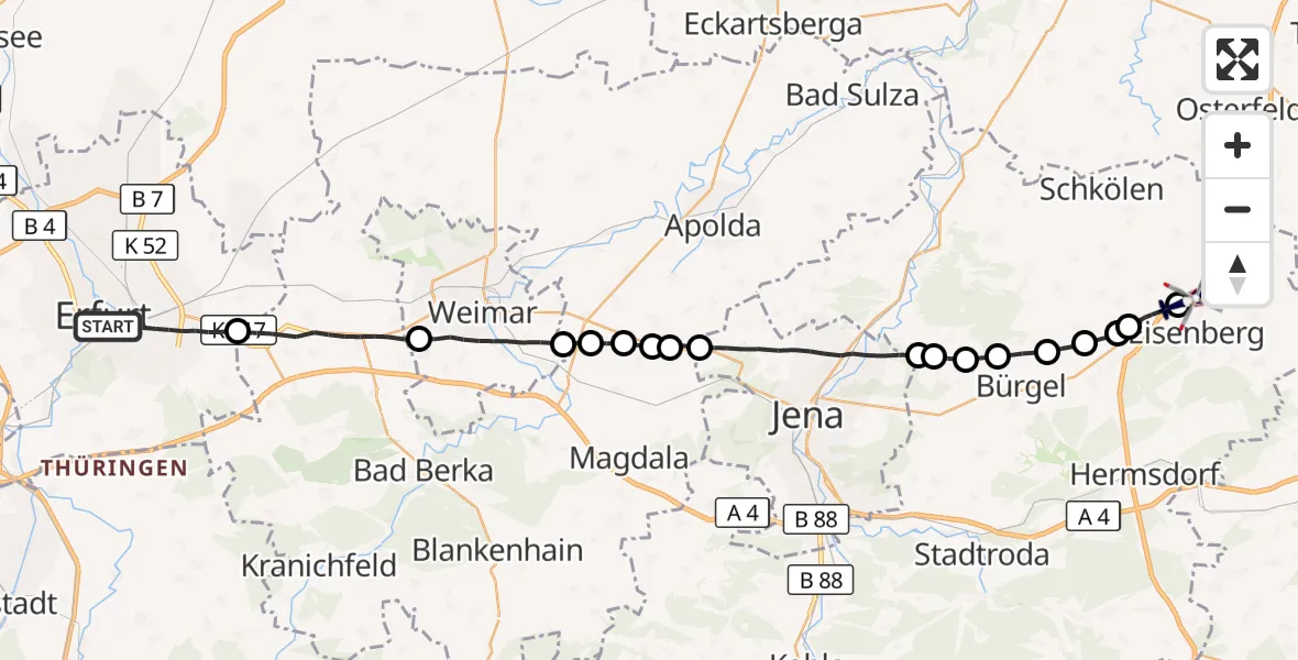 Flugroute Polizeihubschrauber Erfurt - Gösen, 14 August 2026, 18:01