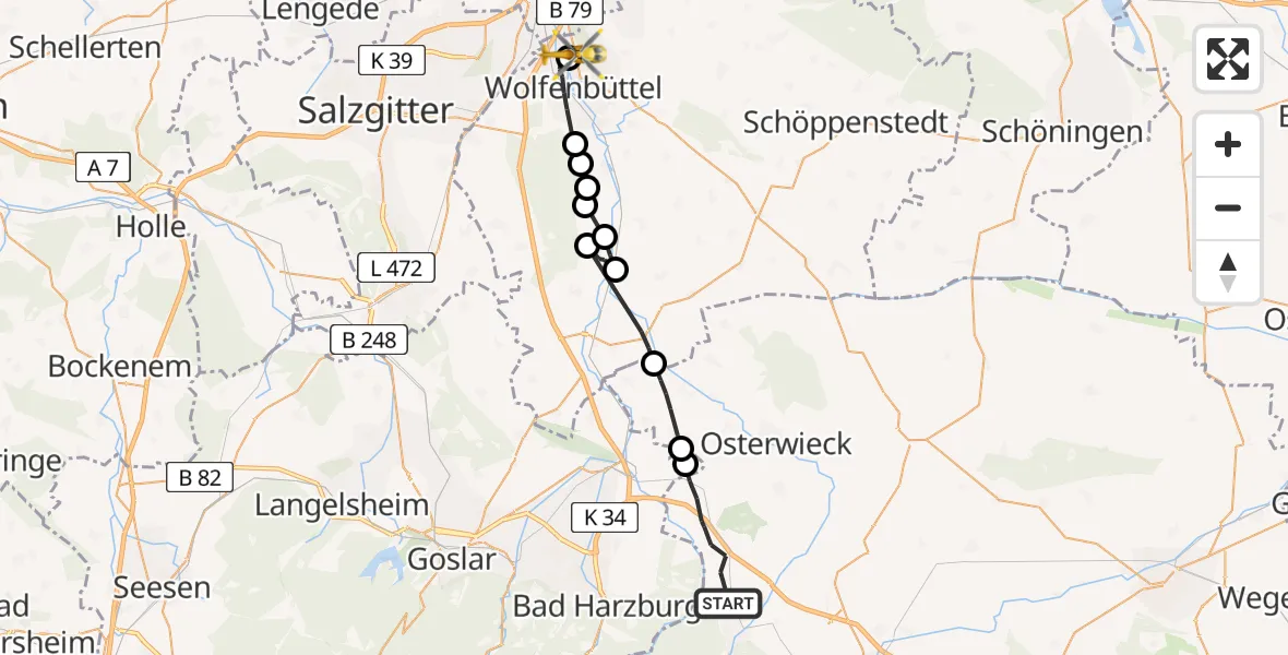 Flugroute Rettungshubschrauber Nordharz - Wolfenbüttel Municipal Hospital Heliport (Christoph 30), 14 August 2026, 18:06