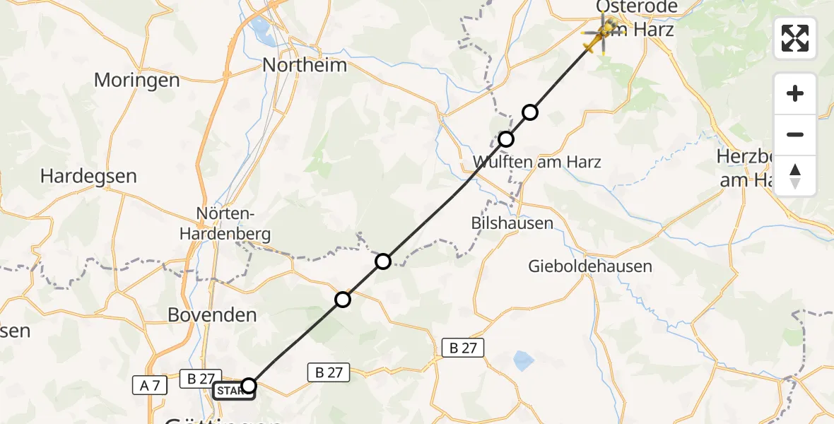 Flugroute Rettungshubschrauber Göttingen University Clinic Hubschrauberlandeplatz - Osterode am Harz, 14 August 2026, 18:11