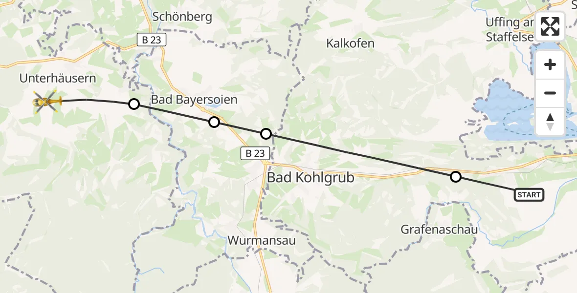 Flugroute Rettungshubschrauber Murnau a.Staffelsee - Wildsteig, 14 August 2026, 18:15