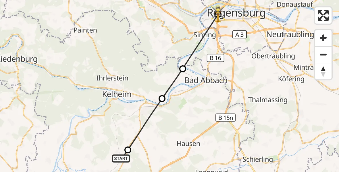 Flugroute Rettungshubschrauber Abensberg - Barmherzige Brüder (Brothers of Mercy) Hospital Regensburg, 14 August 2026, 18:16