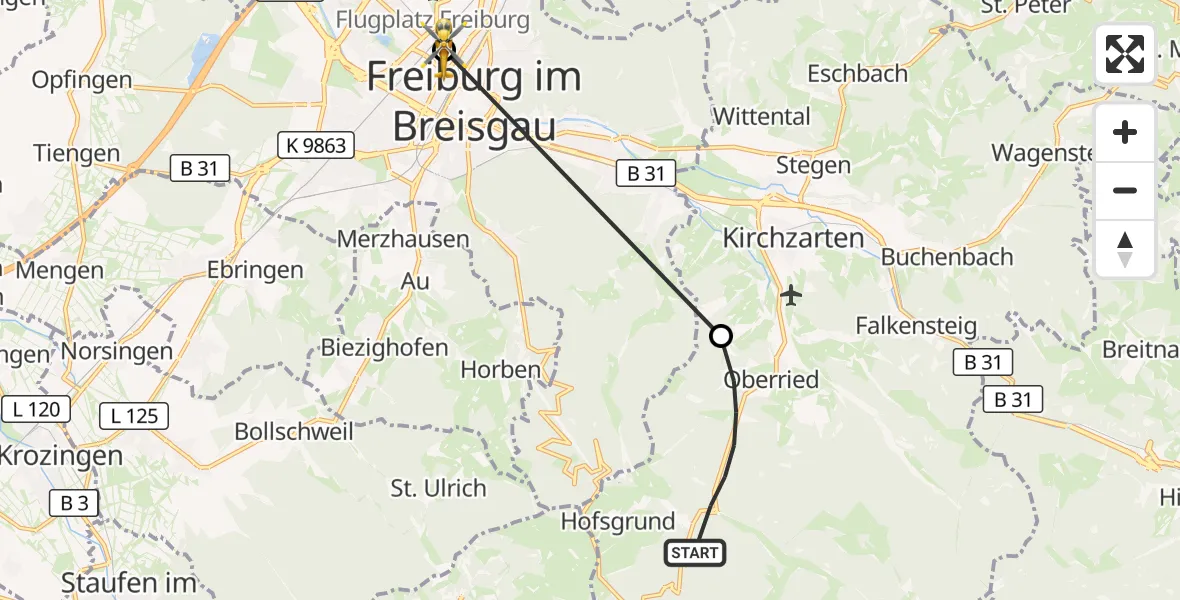 Flugroute Rettungshubschrauber Oberried - Freiburg University Hospital Heliport 1, 14 August 2026, 18:18