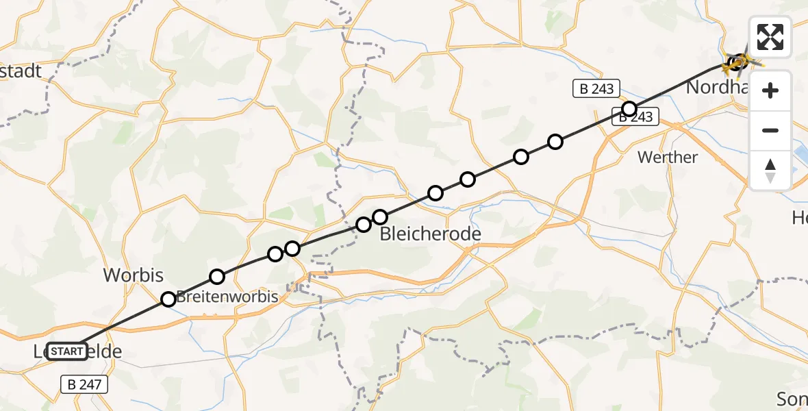 Flugroute Rettungshubschrauber Leinefelde-Worbis - Südharz Hospital Nordhausen, 14 August 2026, 18:25