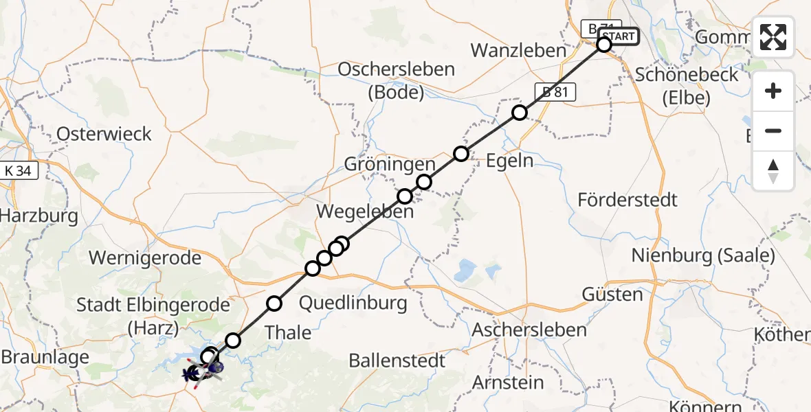 Flugroute Polizeihubschrauber Magdeburg - Oberharz am Brocken, 14 August 2026, 18:27