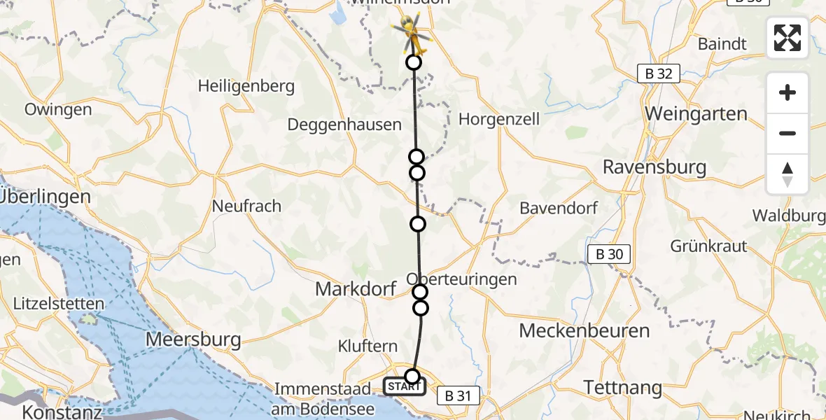 Flugroute Rettungshubschrauber Friedrichshafen Hospital - Wilhelmsdorf, 14 August 2026, 18:29