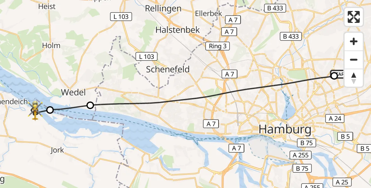 Flugroute Rettungshubschrauber Hamburg Military Hospital - Jork, 14 August 2026, 18:30
