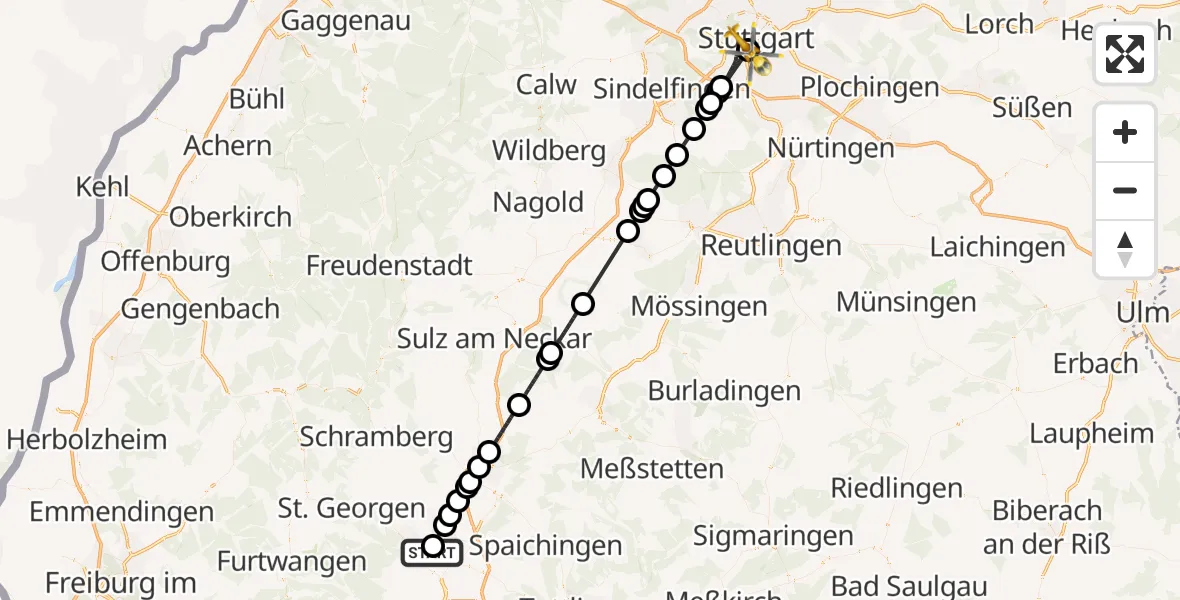 Flugroute Ambulanzhubschrauber DRF Air Rescue Station Villingen-Schwenningen Hubschrauberlandeplatz (Christoph 11) - Stuttgart, 14 August 2026, 18:34
