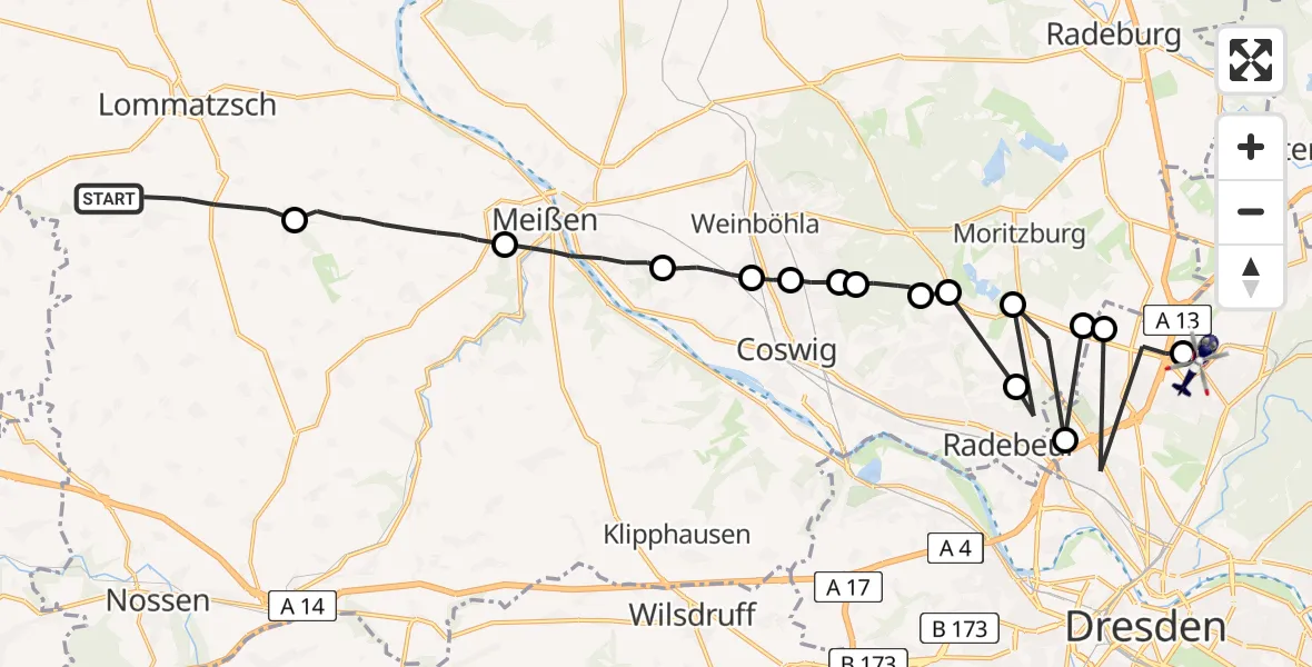 Flugroute Polizeihubschrauber Nossen - Dresden Flughafen, 14 August 2026, 18:34