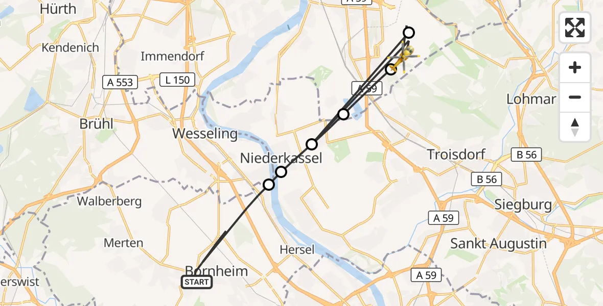 Flugroute Rettungshubschrauber Bornheim - Köln Bonn Flughafen, 14 August 2026, 18:39