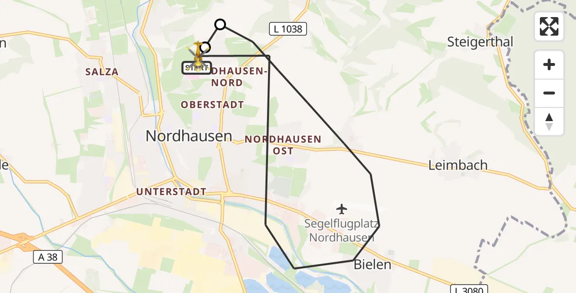 Flugroute Rettungshubschrauber Südharz Hospital Nordhausen - Südharz Hospital Nordhausen, 14 August 2026, 18:45