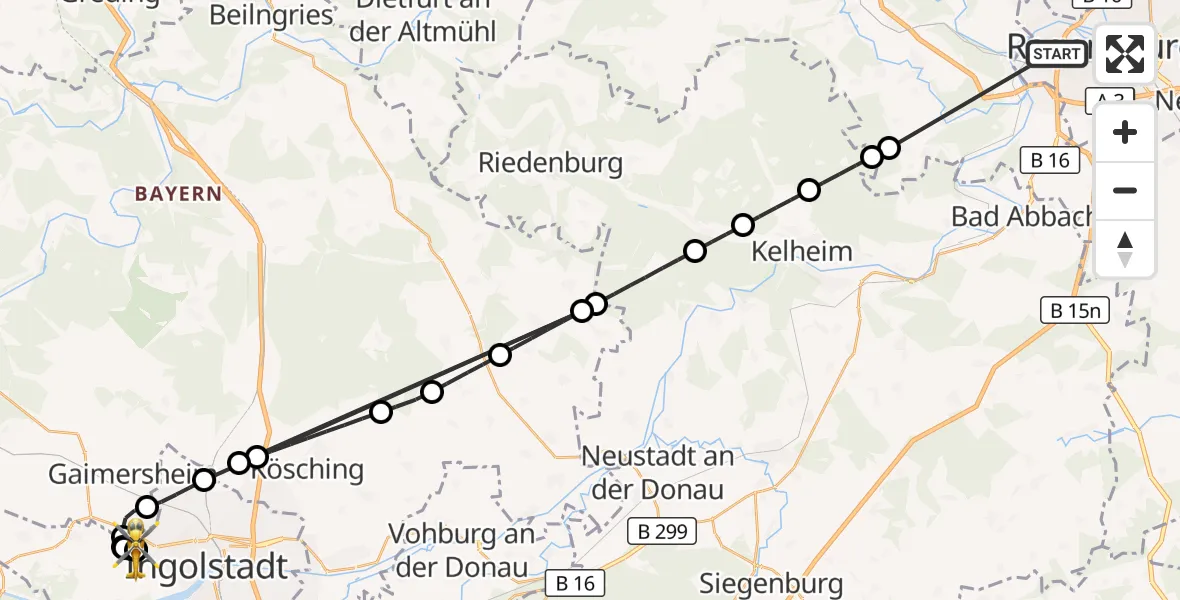 Flugroute Rettungshubschrauber Barmherzige Brüder (Brothers of Mercy) Hospital Regensburg - Ingolstadt Hospital, 14 August 2026, 18:46