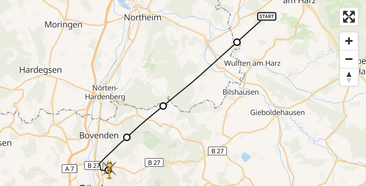 Flugroute Rettungshubschrauber Osterode am Harz - Göttingen University Clinic Hubschrauberlandeplatz, 14 August 2026, 18:51