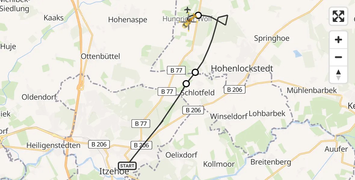 Flugroute Rettungshubschrauber Itzehoe - Itzehoe Hungriger Wolf Flugplatz, 14 August 2026, 18:51