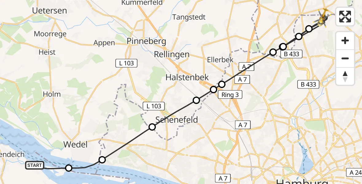Flugroute Rettungshubschrauber Jork - Hamburg, 14 August 2026, 19:02