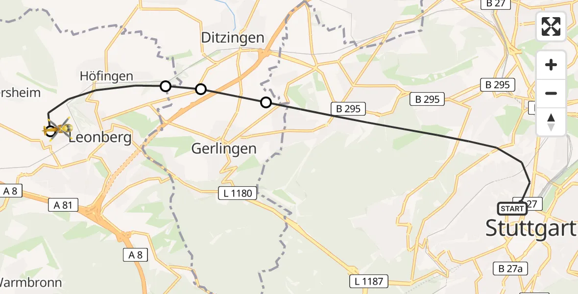 Flugroute Rettungshubschrauber Stuttgart - Leonberg Hospital, 14 August 2026, 19:02