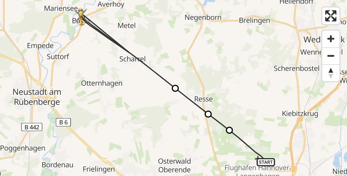 Flugroute Rettungshubschrauber Flughafen Hannover - Neustadt am Rübenberge, 14 August 2026, 19:05