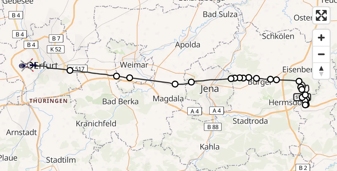Flugroute Polizeihubschrauber Weißenborn - Erfurt-Weimar Flughafen, 14 August 2026, 19:09