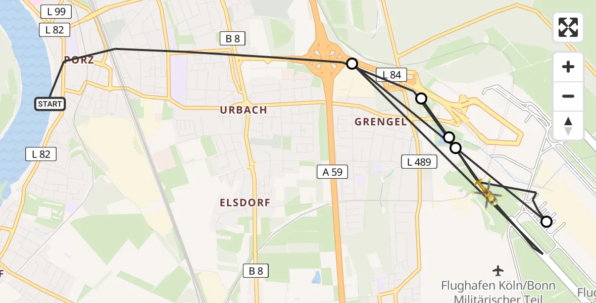 Flugroute Ambulanzhubschrauber Köln - Köln Bonn Flughafen, 14 August 2026, 19:11