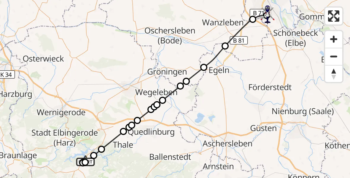 Flugroute Polizeihubschrauber Oberharz am Brocken - Magdeburg City Flugplatz, 14 August 2026, 19:11