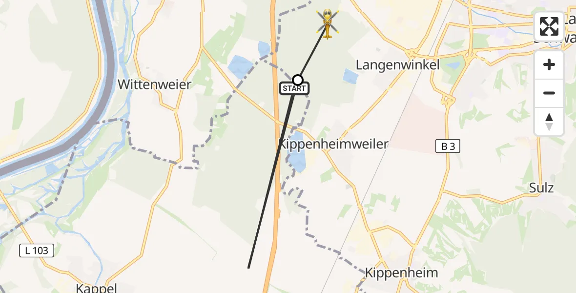 Flugroute Rettungshubschrauber Mahlberg - Kippenheim, 14 August 2026, 19:19