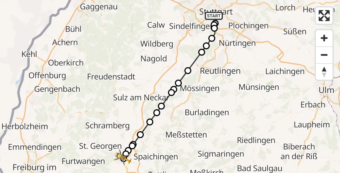 Flugroute Ambulanzhubschrauber Stuttgart - DRF Air Rescue Station Villingen-Schwenningen Hubschrauberlandeplatz (Christoph 11), 14 August 2026, 19:26