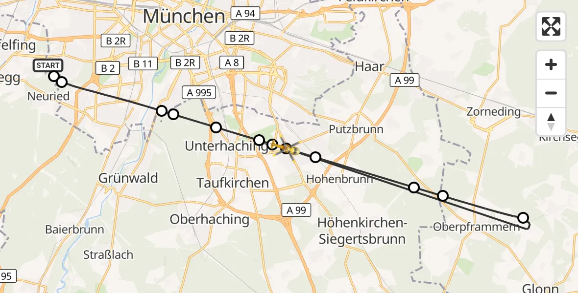 Flugroute Rettungshubschrauber DRF Air Rescue München Hubschrauberlandeplatz - Ottobrunn, 14 August 2026, 19:31