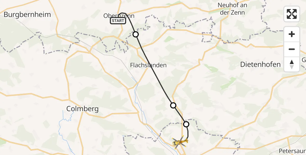 Flugroute Rettungshubschrauber Obernzenn - Ansbach, 14 August 2026, 19:39