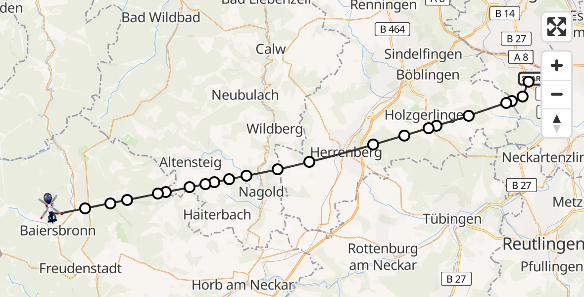 Flugroute Polizeihubschrauber Flughafen Stuttgart - Baiersbronn, 14 August 2026, 19:52