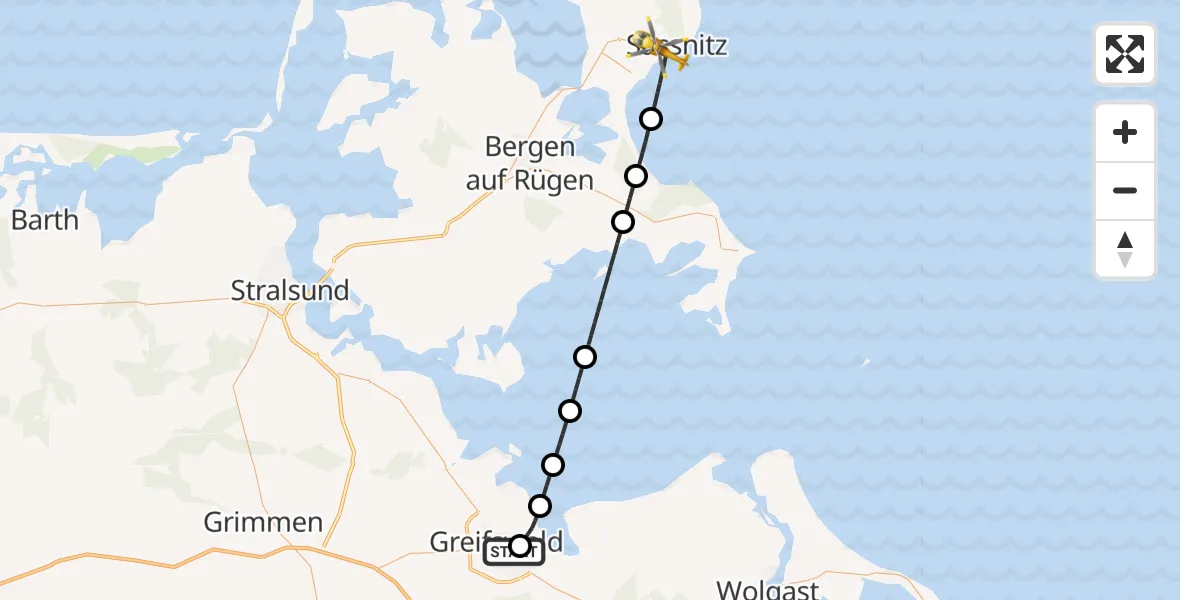 Flugroute Rettungshubschrauber Greifswald Hospital - Sassnitz, 14 August 2026, 19:54