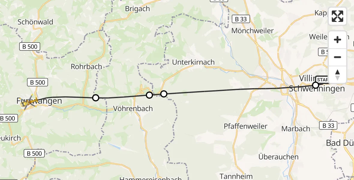 Flugroute Ambulanzhubschrauber DRF Air Rescue Station Villingen-Schwenningen Hubschrauberlandeplatz (Christoph 11) - Furtwangen im Schwarzwald, 14 August 2026, 20:00