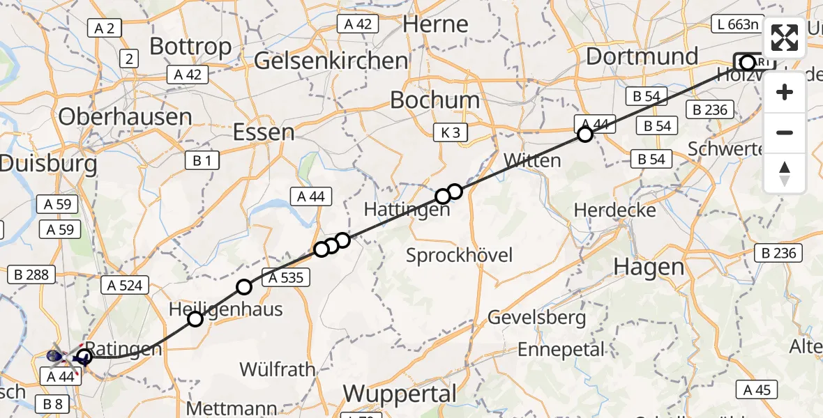 Flugroute Polizeihubschrauber Dortmund Flughafen - Düsseldorf Flughafen, 14 August 2026, 20:10