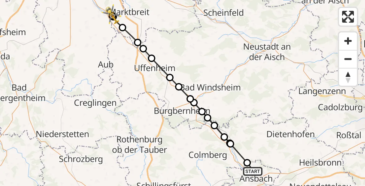 Flugroute Rettungshubschrauber Ansbach - Ochsenfurt Hospital, 14 August 2026, 20:18
