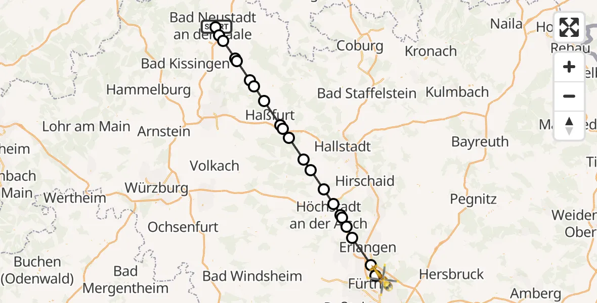 Flugroute Rettungshubschrauber Bad Neustadt an der Saale Hospital - Flughafen Nuremberg, 14 August 2026, 20:21